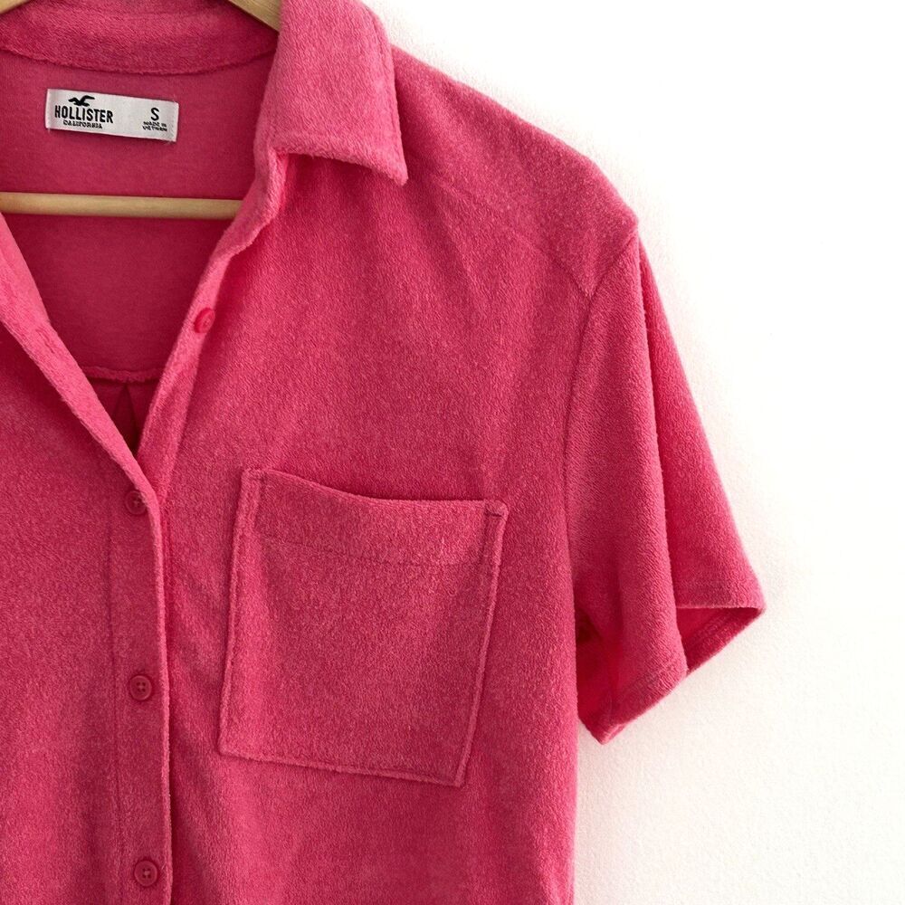 Hollister Resort Terry Cropped Button Down Shirt Top Size Small Pink Pocket - Picture 4 of 9